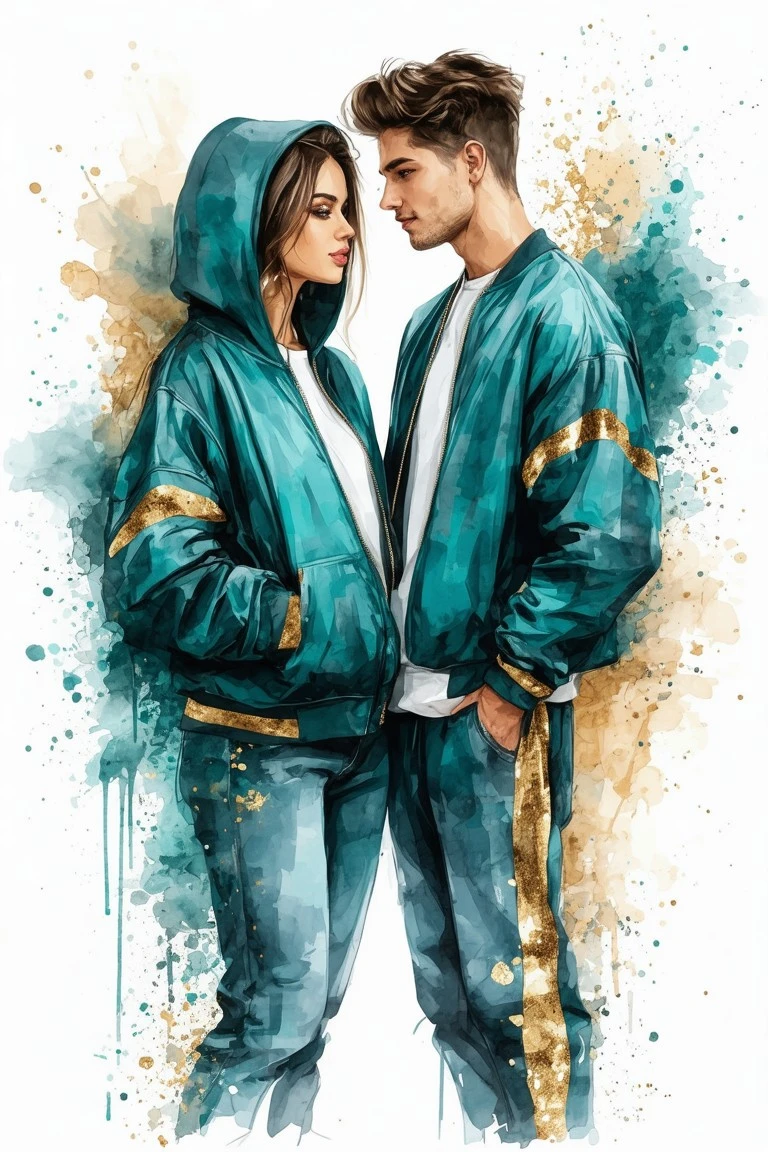 Abstract Free AI Art: Couple in coordinated teal and gold streetwear pose amidst watercolor splashes and ink outlines, set against an urban graffiti-style backdrop.