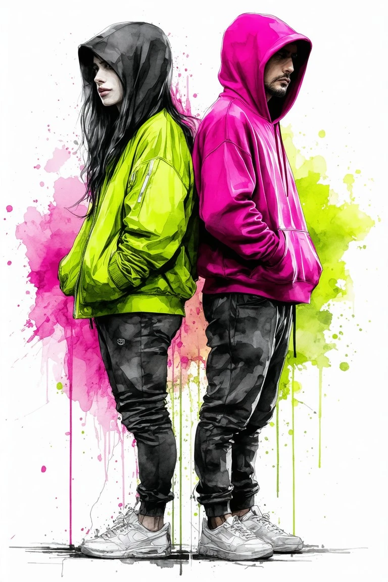 Abstract Free AI Art: Confident couple in lime and magenta streetwear posed against watercolor splashes and graffiti patterns, with sharp ink outlines defining edgy denim and joggers.