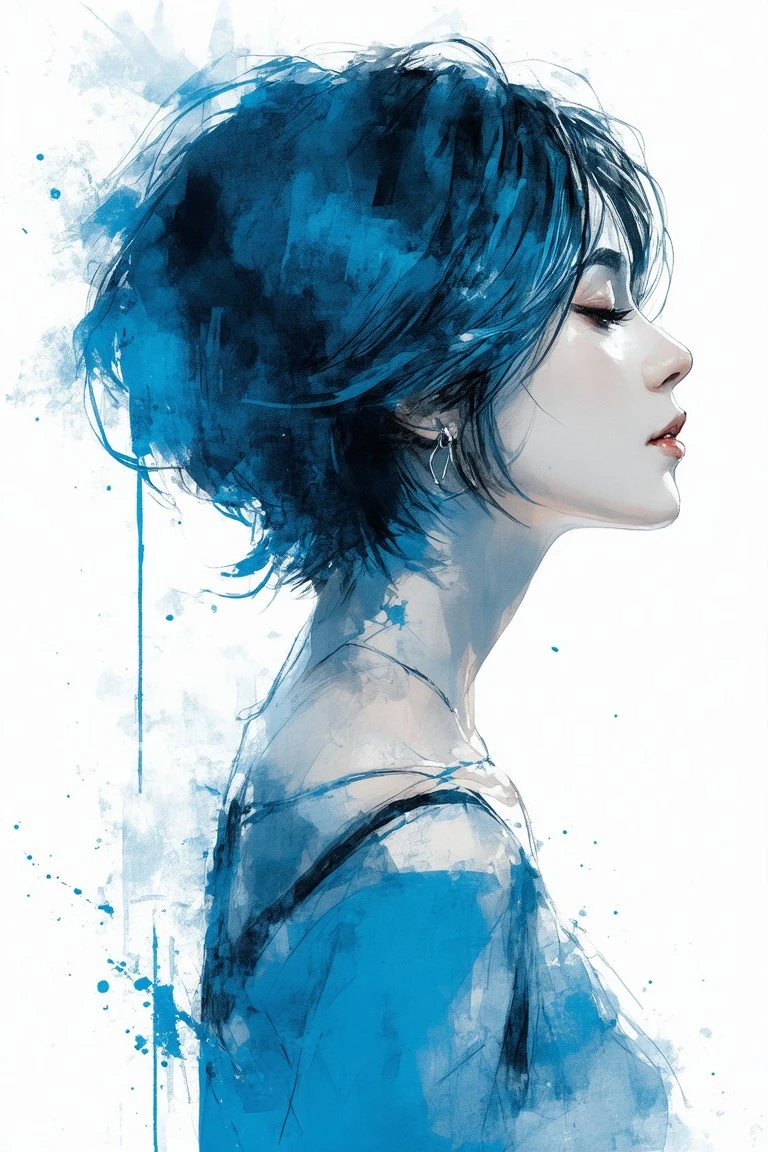 Semi-abstract portrait art: Woman in profile with short flowing hair and closed eyes, painted in cool blue tones and dynamic ink splashes against a minimalist white background.