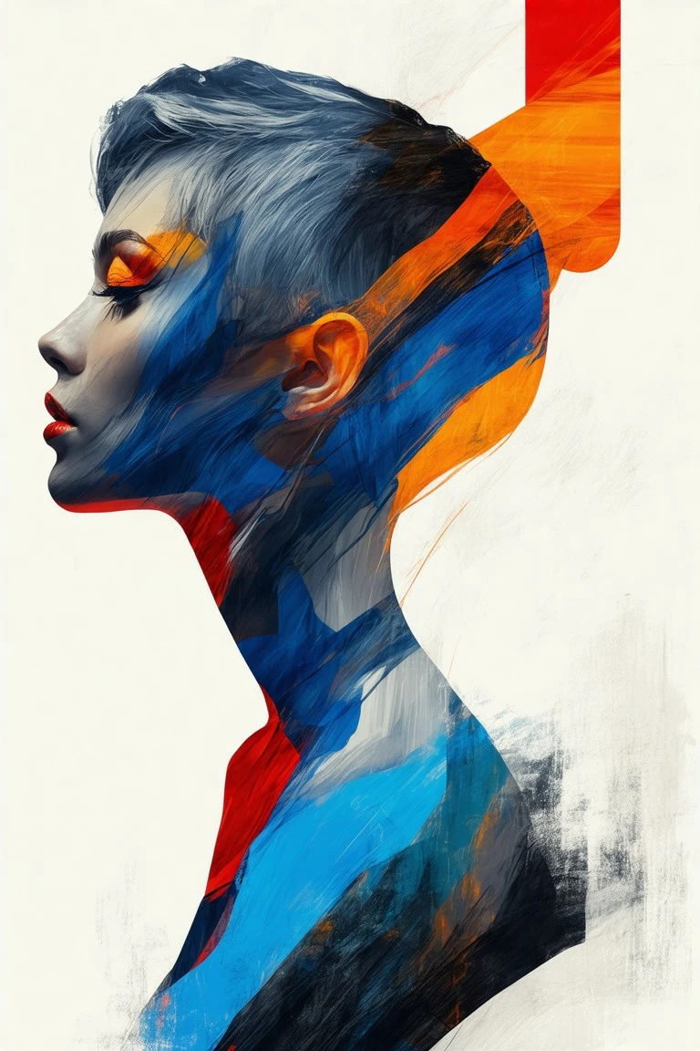 Abstract digital painting of a woman’s profile with bold fluid lines, vibrant blue, orange, and red hues, sleek short hair, and expressive eyes – Free AI Art Prompt