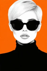 Abstract digital fashion portrait of a confident woman with white linework, black sunglasses, and bold orange backdrop – Abstract Fashion Free AI Art Prompt.