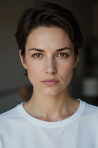A photorealistic close-up portrait of a woman with short dark hair in a white top, showcasing intense gaze and natural makeup under soft cinematic lighting.