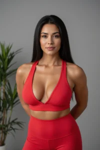 A photorealistic studio portrait of a mature athletic woman in red sports bra and leggings, showcasing her toned physique and sleek black hair under even cinematic lighting.