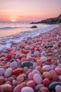 A photorealistic sunset beach scene with translucent gem-like stones, gentle waves, and warm pink-orange sky tones reflecting sunlight.