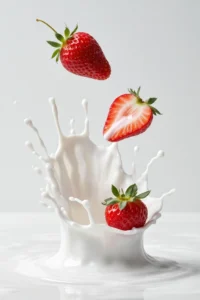 A hyper-realistic image of two strawberries mid-splash in milk, showcasing frozen droplets, glossy textures, and chaotic ripples under clean lighting.