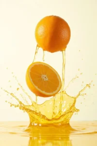 Hyper-realistic oranges mid-splash in orange juice, showcasing textured rinds, pulp details, and luminous droplets against a minimalist backdrop.