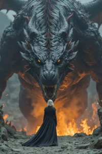 Fantasy Free AI Art Prompt: Dark gray dragon with spiky scales and a cloaked woman in a fiery battle scene, rendered with dramatic lighting and desolate backdrop.