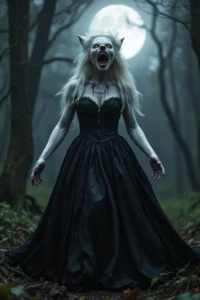 Fantasy Free AI Art Prompt: Terrifying werewolf bride in torn black wedding dress with blood stains, growling under a full moon in a shadowy forest.