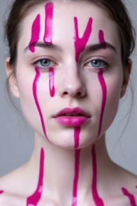 Portrait Free AI Art Prompt: Close-up of a woman’s face with magenta-pink streaks, light blue eyes, and glossy lips in stylized abstract realism.