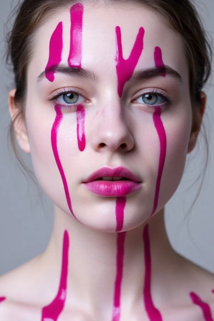 Portrait Free AI Art Prompt: Bold Magenta Streaks and Blue Eyes Abstract Portrait 1 Portrait Free AI Art Prompt: Close-up of a woman’s face with magenta-pink streaks, light blue eyes, and glossy lips in stylized abstract realism.