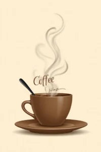 Abstract AI Art prompt of a symmetrical coffee cup with swirling steam, script text, and soft beige background in a café-style design.
