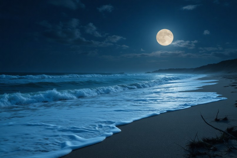 Photography Free AI Art Prompt: Moonlit Serene Beach with Luminous Blue Waves & Full Moon 1 Photography Free AI Art prompt of a serene moonlit beach with luminous blue waves, full moon, and dark sandy shore under a navy sky.