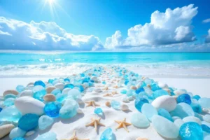 Photography Free AI Art prompt of a vibrant beach with translucent blue stones, turquoise waves, and a bright sunny sky.