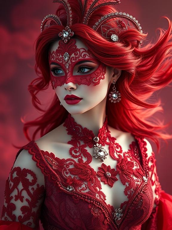 Fantasy portrait of a red lace and red-haired woman in an intricate crimson masquerade gown and filigree mask, surrounded by ethereal mist and cinematic 8K detail.